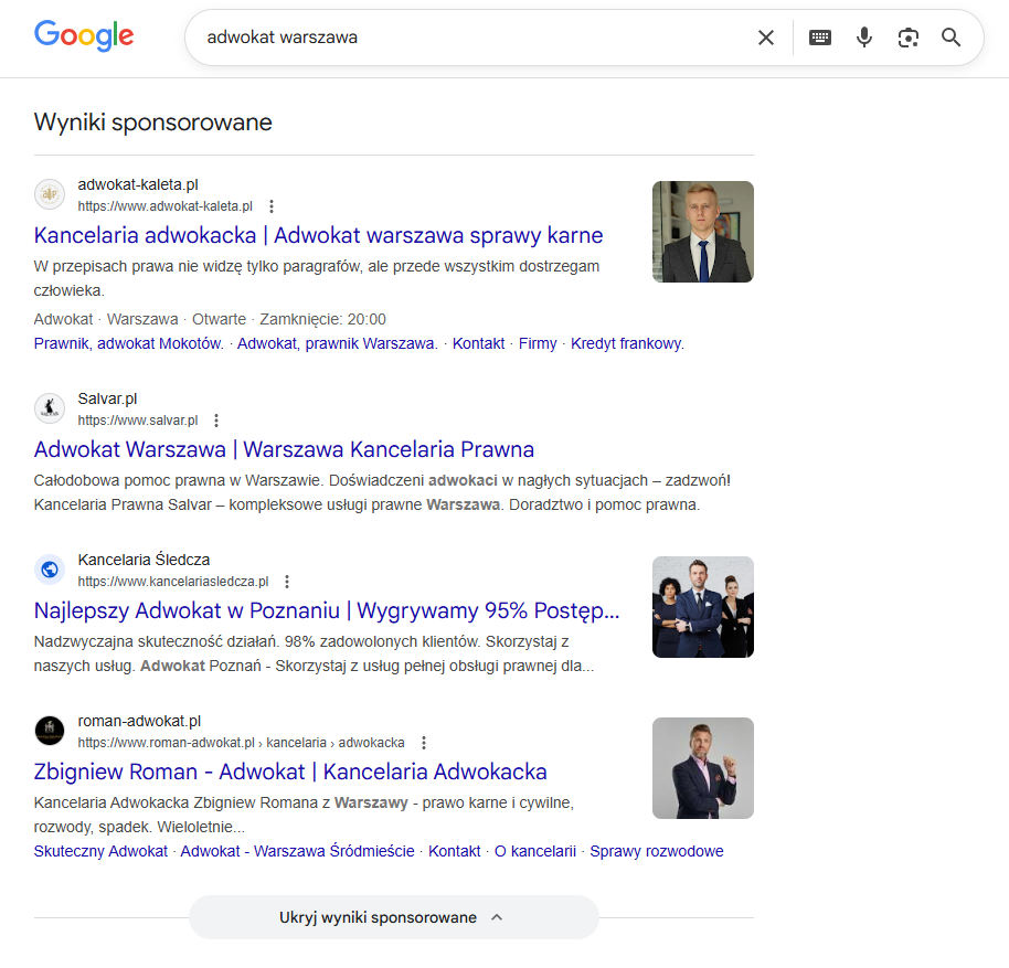 Wyniki sponsorowane w wyszukiwarce - reklama kancelarii adwokackich 