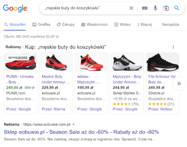 Przykład reklam produktowych Google Ads w wyszukiwarce