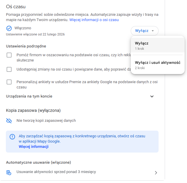 Wyłączanie historii lokalizacji i śledzenia tras na wszystkich urządzeniach.