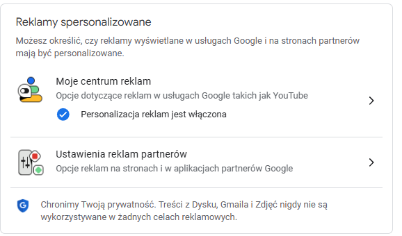 Wyłączanie spersonalizowanych reklam w usługach Google
