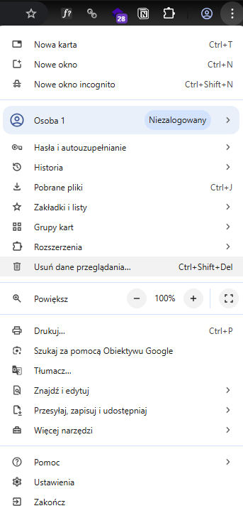 Kliknij menu (trzy kropki) i wybierz „Usuń dane przeglądania”.